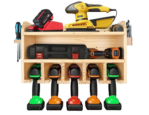 Pro Lift Kabellos Drill Organizer – Wandhalterung Elektrowerkzeug Lagergestell, 5 Hängeschlitze, Holz M-003W