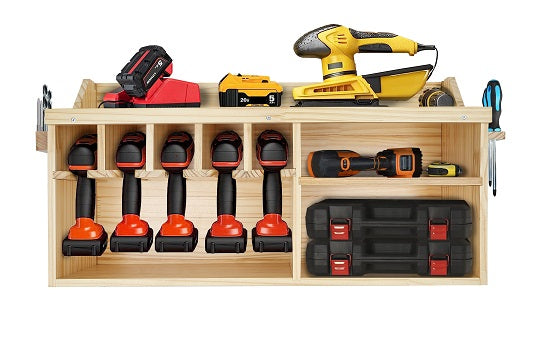 Pro Lift Kabellos Drill Organizer – Wandhalterung Elektrowerkzeug Lagergestell, 5 Hängeschlitze, Holz M-004W