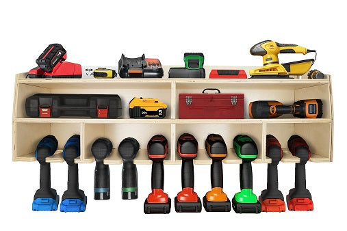 Pro Lift Kabellos Drill Organizer – Wandhalterung Elektrowerkzeug Lagergestell, 10 Hängeschlitze, Holz M-005W