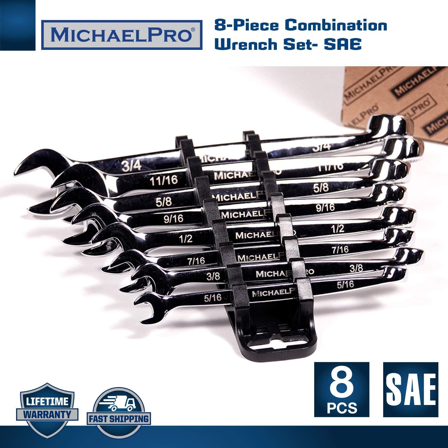 MichaelPro MP001014 8-teiliges SAE Kombinationsschlüssel-Werkzeug-Set - Spiral Grip Design